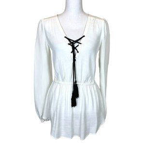 Free People Ivory Lace Up Peasant Tunic Top Boho Tassel Long Sleeve XS NWOT